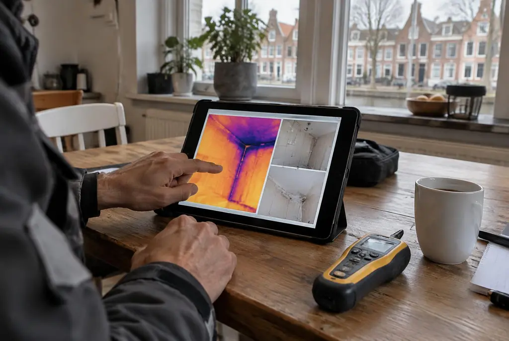 Lekdetectie Ankeveen – lekdetectierapport met warmtebeelden en foto's op een tablet