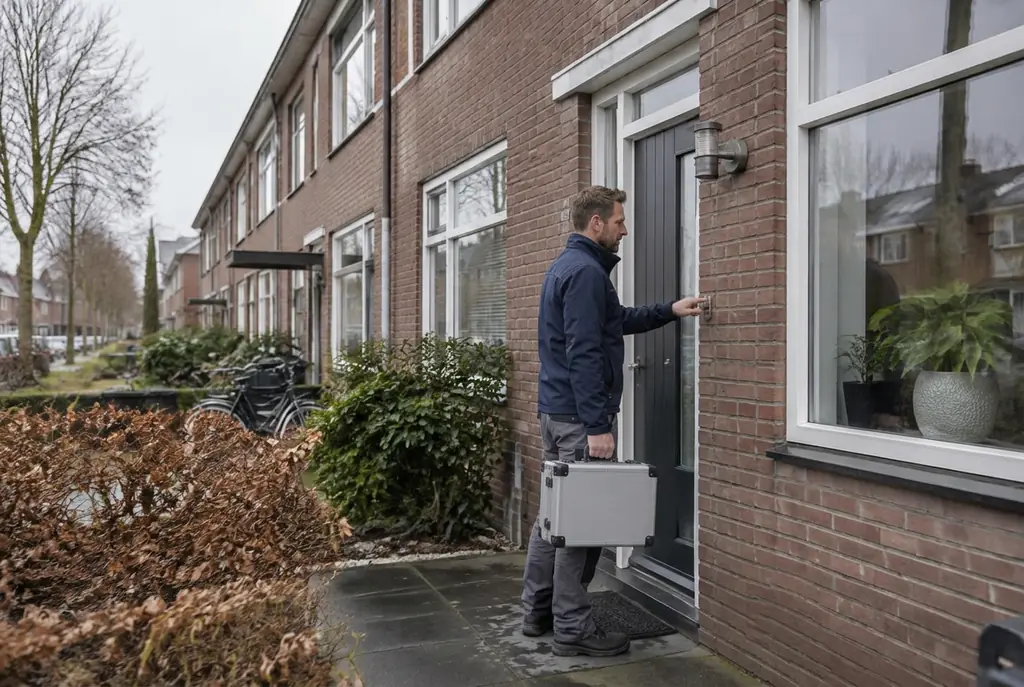 Lekdetectiespecialist met meetkoffer bij de voordeur van een woning in Ankeveen